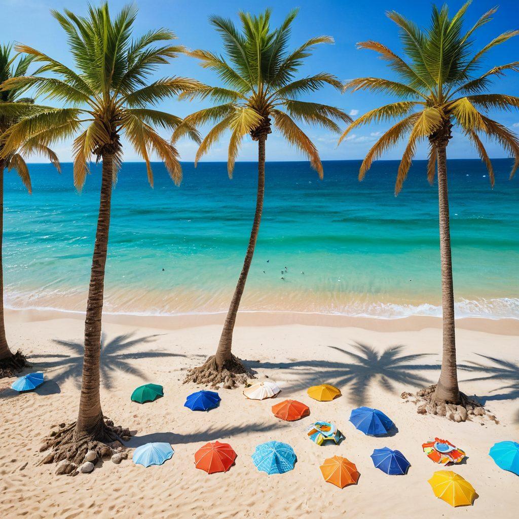 A stunning beach scene featuring a diverse group of people wearing vibrant, eco-friendly swimwear, showcasing a mix of styles and colors. The background includes sun-soaked sands and crystal-clear waters, symbolizing a stylish summer escape. Add elements of nature, like palm trees and seashells, to emphasize sustainability. The atmosphere is bright and cheerful, inviting viewers to embrace both fashion and functionality. super-realistic. vibrant colors. sunny background.