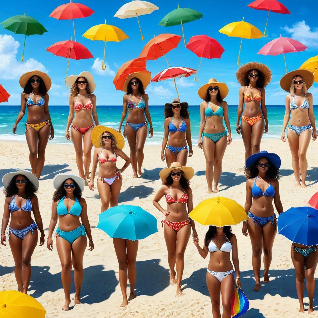 A vibrant summer beach scene featuring diverse women of different body types flaunting the latest bikini trends for 2024, surrounded by colorful beach umbrellas and sunbathers. The foreground should showcase various stylish bikini designs and bright beachwear accessories. The backdrop features a clear blue sky and sparkling ocean waves, creating an inviting atmosphere. The scene radiates joy and confidence in body positivity. super-realistic. vibrant colors. sunny beach setting.
